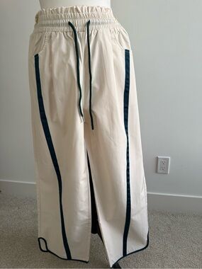 Cream Wide-Leg Joggers with Turquoise Trim